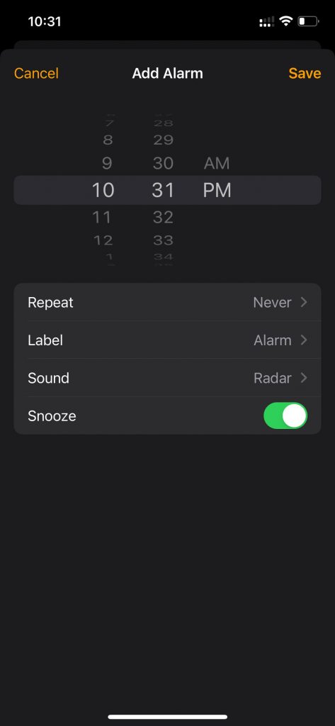 Alarm screen