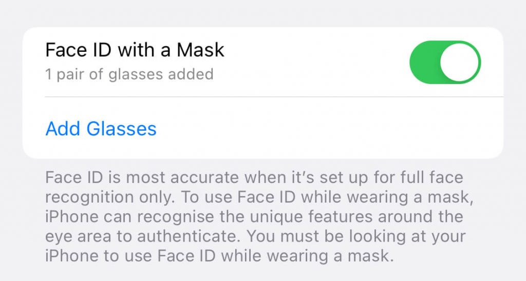 Face ID with a Mask and Glasses settings